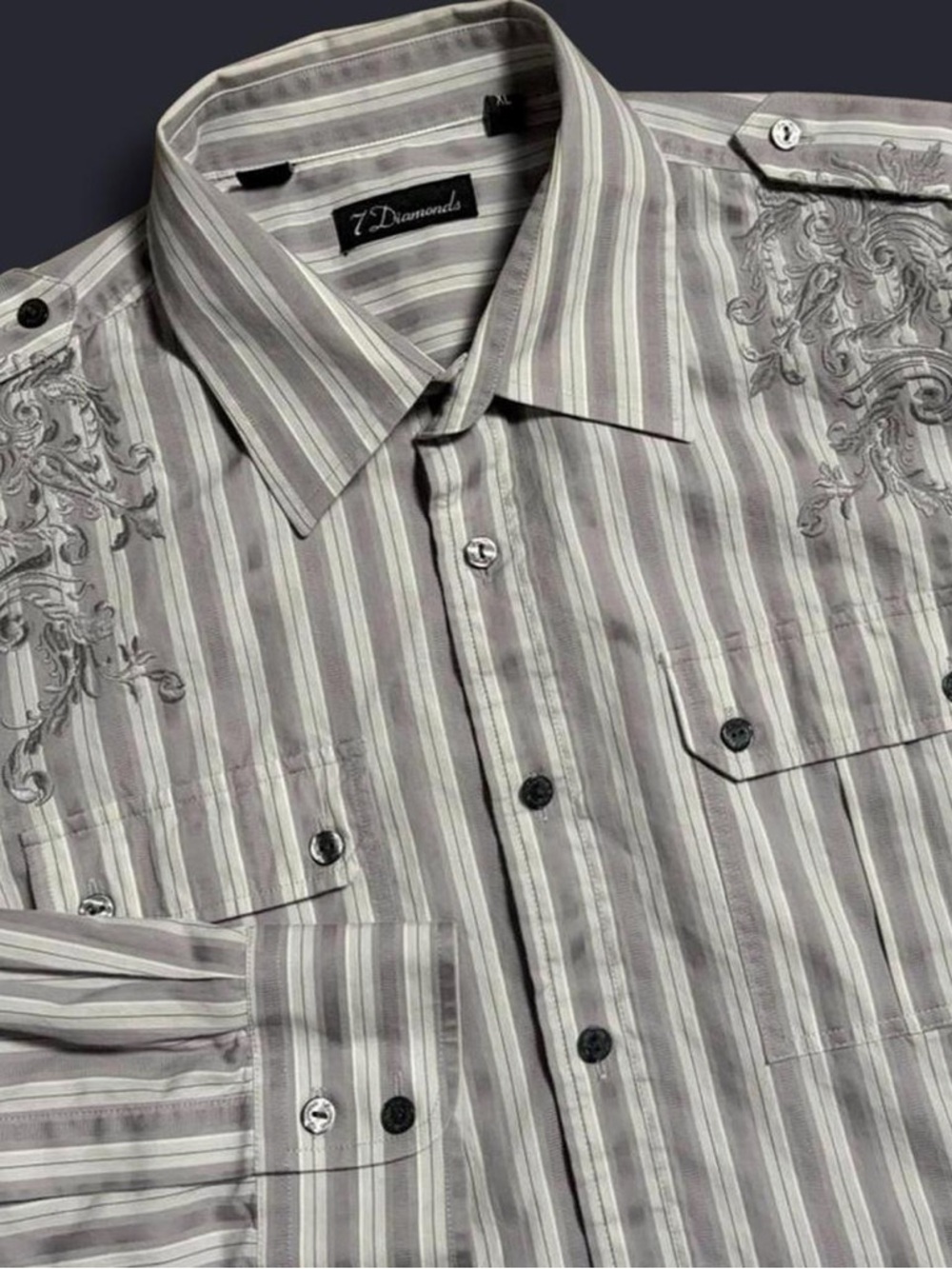 7 Diamonds Long Sleeve Button Up Shirt Size XL Grey Y2K Embroidered Emo Western